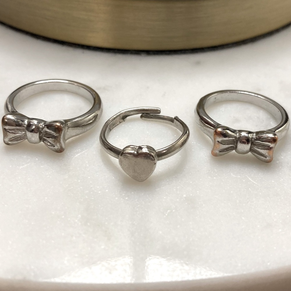 Ring Lot Heart and Bow Rings Coquette Girl Silver Costume Jewelry Size 7